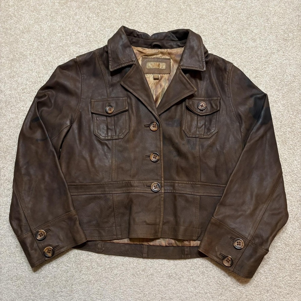 Vtg Territory Ahead Waxed Leather Jacket Womens 12 Petite Brown Western Crop Fit